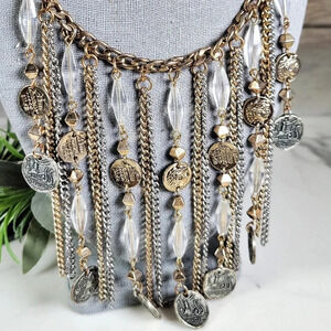 Coin Fringe Necklace Roman Denarius Antiqued Brass and Silvertone Statem…